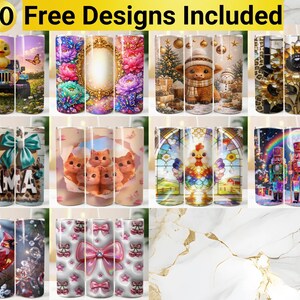 May include: A digital collection of twelve cylindrical tumbler wrap designs featuring various themes including a duck in a jeep, floral patterns, a highland cow, sunflowers, a cow print mama design, kittens, a rooster, nutcrackers, a cardinal, and bows.