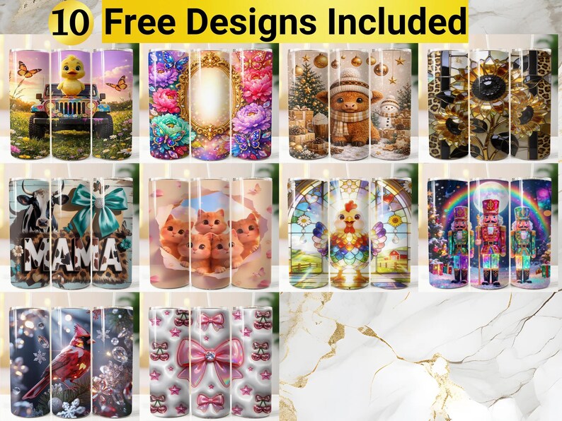 May include: A digital collection of twelve cylindrical tumbler wrap designs featuring various themes including a duck in a jeep, floral patterns, a highland cow, sunflowers, a cow print mama design, kittens, a rooster, nutcrackers, a cardinal, and bows.