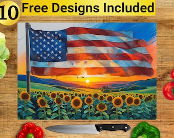 Projekt deski do krojenia z flagą USA i słonecznikiem, Deska do krojenia z flagą USA w formacie PNG, Projekt deski do krojenia z nadrukiem sublimacyjnym, Projekt deski do krojenia z motywem patriotycznym,