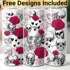 Roses with Skulls Tumbler Design, Tumbler Wrap PNG, 20 oz Skinny Tumbler Design, Tapered and Straight, Instant Digital Download PNG,