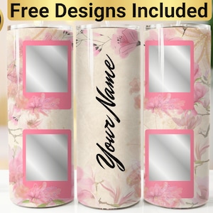 May include: A set of three stainless steel tumblers with a floral design and pink accents. The tumblers have a blank space for personalization with the text "Your Name".
