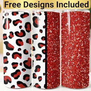 Design für einen roten Glitzer-Leopardenbecher, Becherfolie (PNG), Design für einen schmalen 20-oz-Becher, Namensaufdruck möglich, Leoparden-Becherfolie, Glitzer-Leopardenbecher