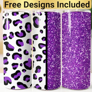 Purple Glitter Leopard Tumbler Design, Tumbler Wrap PNG, 20 oz Skinny Tumbler Design, Add Name, Leopard Tumbler Wrap, Leopard Tumbler,