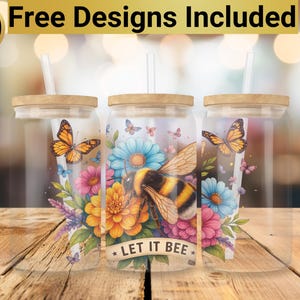 Bee Glass Tumbler Design, Glass Can Wrap PNG, 16 oz Glass Can Wrap Design, Bee Glass Tumbler Wrap, Bee Glass Can PNG,