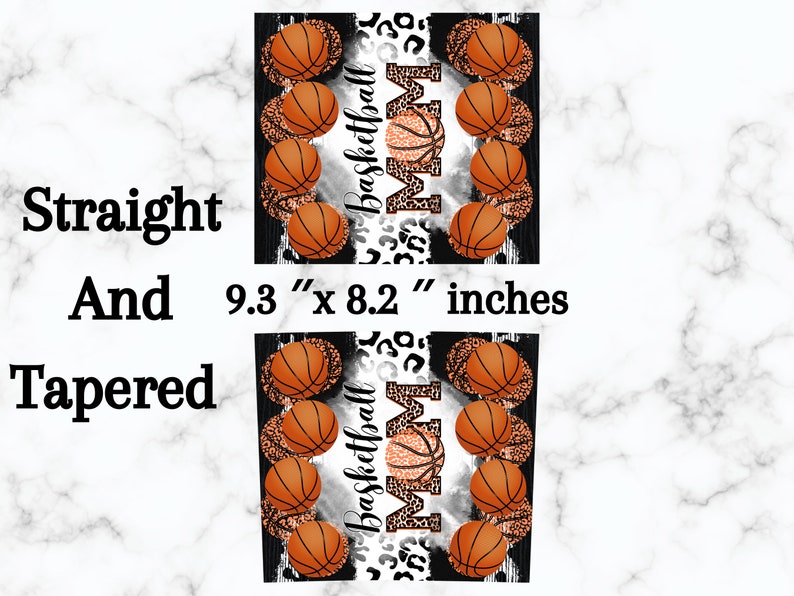 May include: A sublimation design featuring a basketball theme with the word "MOM" in a leopard print. The design is 9.3 inches by 8.2 inches and is available in both straight and tapered styles.