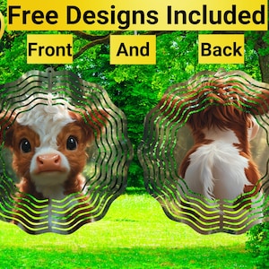 May include: A metal wind spinner with a design of a brown and white calf. The front side shows the calf's face, while the back side shows the calf's rear end. The spinner has a green and brown wavy pattern.