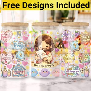 May include: Three glass tumblers with wooden lids, decorated with religious-themed stickers. The stickers include images of Jesus, hearts, crosses, and phrases like "Faith," "Jesus," and "God is my strength." The text "10 Free Designs Included" is at the top.