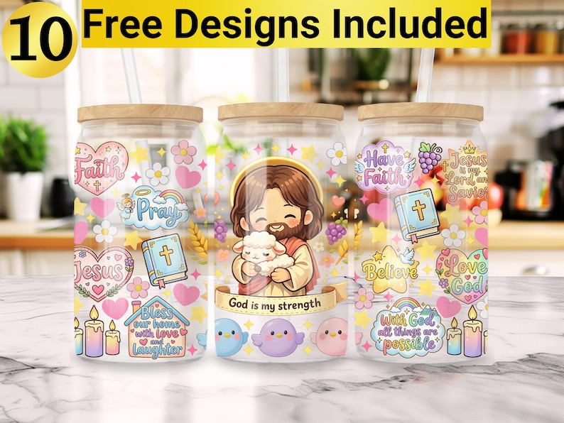 May include: Three glass tumblers with wooden lids, decorated with religious-themed stickers. The stickers include images of Jesus, hearts, crosses, and phrases like "Faith," "Jesus," and "God is my strength." The text "10 Free Designs Included" is at the top.