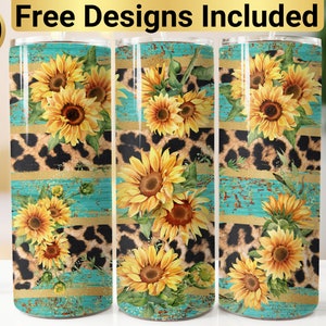 Rustic Sunflower Leopard Teal Wood Tumbler Design, Tumbler Wrap PNG, 20 oz Skinny Tumbler Design, Rustic Tumbler Wrap, Sunflower Tumbler,