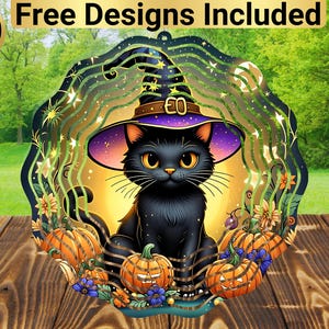 May include: A black cat wearing a purple and black witch hat with a gold buckle sits among orange pumpkins and green leaves. The background is a swirling pattern of stars and moons.