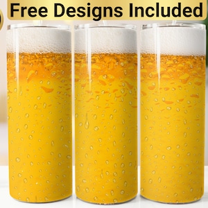 May include: Three stainless steel tumblers with a design of a cold beer with condensation. The tumblers are yellow, white, and clear.