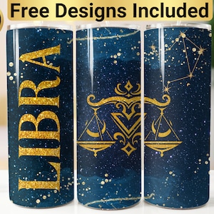 May include: Three stainless steel tumblers with a blue and gold glitter design. The tumblers feature the zodiac sign Libra, with a scale design and the word "Libra" in gold glitter.