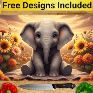 May include: A digital illustration of a baby elephant sitting among sunflowers and other flowers. The elephant is gray with large ears and big eyes. The background is a sunset with the text "10 Free Designs Included".