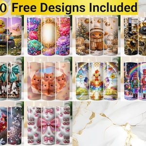 Puede incluir: Una colecci&oacute;n digital de doce dise&ntilde;os para vasos cil&iacute;ndricos con varios temas, incluyendo un pato en un jeep, patrones florales, una vaca highland, girasoles, un dise&ntilde;o de mam&aacute; con estampado de vaca, gatitos, un gallo, cascanueces, un cardenal y lazos.