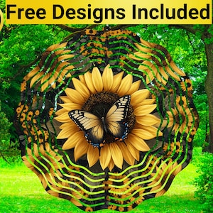 Könnte beinhalten: Ein kreisförmiges Design mit einer großen gelben Sonnenblume mit einem Schmetterling in der Mitte. Die Sonnenblume ist von kleineren Sonnenblumen und einem grün-schwarzen Tarnmuster umgeben.