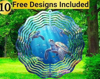 May include: A decorative metal wind spinner featuring a vibrant underwater scene with sea turtles. The design includes a blue and green ocean backdrop with the text "10 Free Designs Included" in a yellow banner.