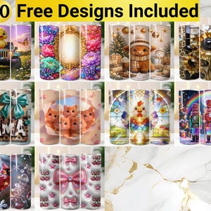 Puede incluir: Una colecci&oacute;n digital de doce dise&ntilde;os para vasos cil&iacute;ndricos con varios temas, incluyendo un pato en un jeep, patrones florales, una vaca highland, girasoles, un dise&ntilde;o de mam&aacute; con estampado de vaca, gatitos, un gallo, cascanueces, un cardenal y lazos.