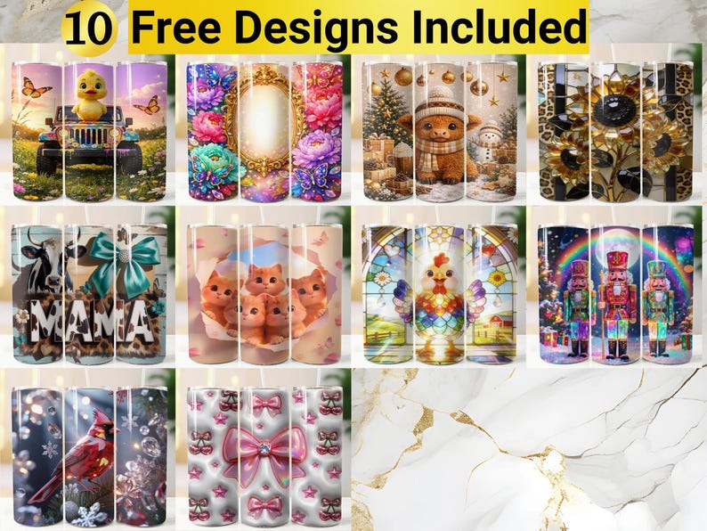 Puede incluir: Una colecci&oacute;n digital de doce dise&ntilde;os para vasos cil&iacute;ndricos con varios temas, incluyendo un pato en un jeep, patrones florales, una vaca highland, girasoles, un dise&ntilde;o de mam&aacute; con estampado de vaca, gatitos, un gallo, cascanueces, un cardenal y lazos.