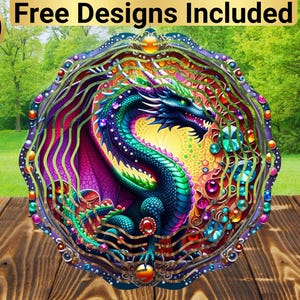May include: A colourful wind spinner featuring a dragon design. The dragon is blue, green and purple with gold accents. The background is a swirling pattern of colours and jewels.