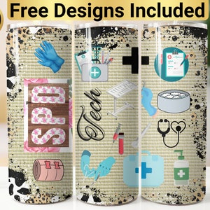 May include: Three stainless steel tumblers with a beige background and various medical-themed graphics. The graphics include a stethoscope, a first aid kit, a bandage, a syringe, a pair of gloves, a medical chart, and a sign that says "SPD Tech".