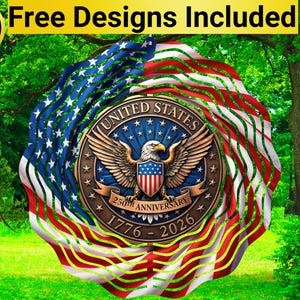 Puede incluir: Un diseño patriótico con el sello de los Estados Unidos, un águila, estrellas y rayas. El diseño conmemora el 250 aniversario de 1776 a 2026. La imagen incluye el texto "10 Free Designs Included".