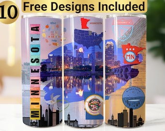 May include: A cylindrical tumbler featuring a Minnesota theme with a city skyline, the state map, the state seal, and the text "MINNESOTA" in vertical block letters. The design includes various icons, a US map, and a bridge over a reflective river.