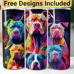 Neon Rainbow Pitbulls Tumbler Design, Tumbler Wrap PNG, 20 oz Skinny Tumbler Design, Pitbull Tumbler Design, Pitbull Tumbler Wrap,