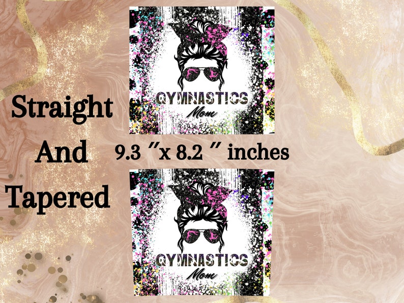 May include: A black and white digital design with a glittery background. The design features a woman's face with a messy bun, sunglasses, and a pink bow. The text "Gymnastics Mom" is written in white letters. The design is 9.3 inches by 8.2 inches.