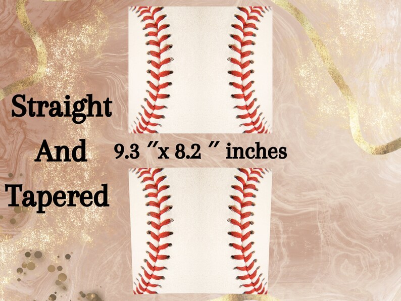 Puede incluir: Dos dise&ntilde;os digitales con tem&aacute;tica de b&eacute;isbol sobre fondos blancos con patrones de costuras rojas. El texto dice Straight And Tapered 23,6 cm x 20,8 cm. Un dise&ntilde;o es rectangular y el otro tiene forma c&oacute;nica para recipientes.