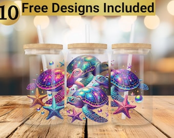 May include: Three clear glass tumblers with lids and straws, each featuring a different design of a colorful, iridescent sea turtle with a galaxy pattern. The tumblers are surrounded by starfish and bubbles.