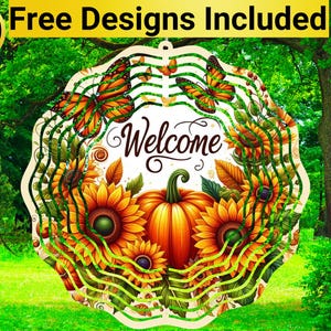 May include: A decorative wooden sign with a fall theme. The sign features a pumpkin, sunflowers, and butterflies, with the word "Welcome" in the centre. The sign also includes the text "10 Free Designs Included".