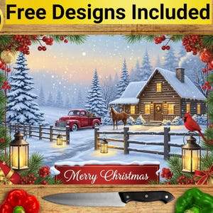 May include: A festive Christmas-themed placemat featuring a snowy winter scene with a red truck, cabin, and horse. The placemat has a "Merry Christmas" banner and the text "10 Free Designs Included". Decorative lanterns and pine trees frame the image.