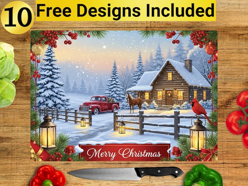 May include: A festive Christmas-themed placemat featuring a snowy winter scene with a red truck, cabin, and horse. The placemat has a "Merry Christmas" banner and the text "10 Free Designs Included". Decorative lanterns and pine trees frame the image.
