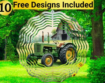 May include: A green tractor with yellow wheels is set against a backdrop of a barn and a lush green field. The image is framed by a decorative wavy design. The text "10 Free Designs Included" is at the top.