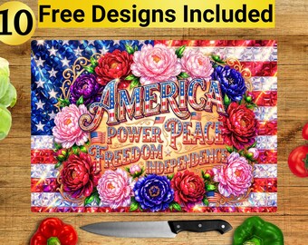 American Flag Flowers Cutting Board Design, USA Cutting Board PNG, Cutting Board Sublimation Design, USA Cutting Board Design,