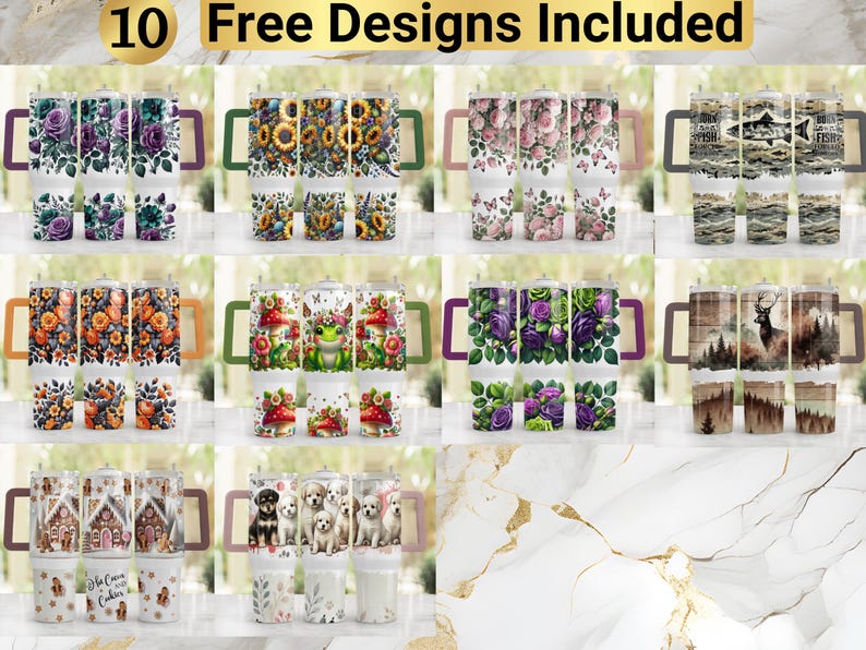 K&ouml;nnte beinhalten: Eine Sammlung von zw&ouml;lf hohen zylindrischen Bechern mit Henkeln, die jeweils ein einzigartiges grafisches Rundum-Design mit Blumenmustern, Tieren und saisonalen Motiven aufweisen. Das Bild enth&auml;lt den Text 10 Free Designs Included.