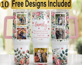 Könnte beinhalten: Drei weiße Becher mit rosa Henkeln, verziert mit Blumenmustern, roten Herzen und Fotocollagen. Der mittlere Becher zeigt den Text: family, The people you love the most, live for and laugh with. The greatest blessing in life.