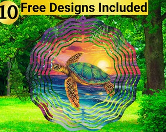 May include: A colorful metal wind spinner with a layered design featuring a sea turtle swimming in the ocean. The background is a sunset with a bright orange sun. The wind spinner has a circular shape and is approximately 12 inches in diameter.