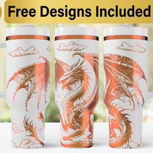 May include: White travel mug with a rose gold dragon design. The mug has a lid and a handle. 10 Free Designs Included.