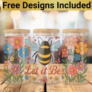 Bee Glass Tumbler Design, Glass Can Wrap PNG, 16 oz Glass Can Wrap Design, Bee Glass Tumbler Wrap, Bee Glass Can PNG,