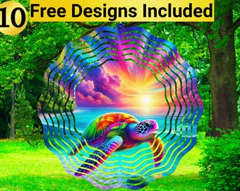 May include: A colorful metal wind spinner with a rainbow sunset and a sea turtle design. The spinner has multiple layers of metal that create a swirling effect when it spins in the wind.