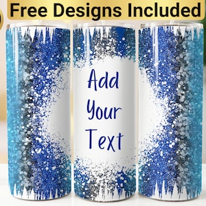 Blue And Silver Glitter Tumbler Design, Tumbler Wrap PNG, 20 oz Skinny Tumbler Design, Glitter Brushstrokes Tumbler, Sparkling Tumbler,