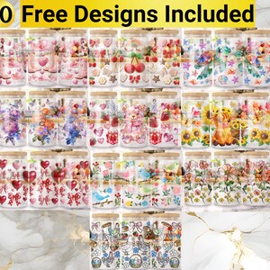 May include: A collection of glass jars with bamboo lids, each decorated with a unique design. The jars feature various themes, including hearts, flowers, cherries, and birds. The text "10 Free Designs Included" is at the top.