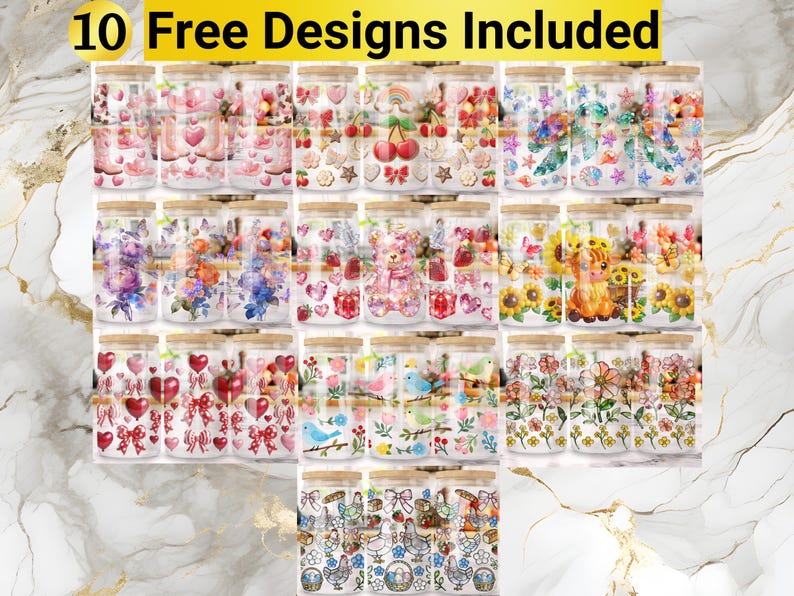 May include: A collection of glass jars with bamboo lids, each decorated with a unique design. The jars feature various themes, including hearts, flowers, cherries, and birds. The text "10 Free Designs Included" is at the top.