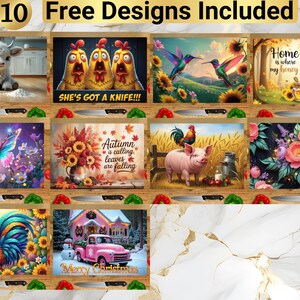 May include: A collection of ten decorative designs, including images of a cow, chickens with the text "SHE'S GOT A KNIFE!!!", hummingbirds, a gnome, a butterfly, sunflowers, a pig, flowers, a rooster, and a pink truck with the text "Merry Christmas".