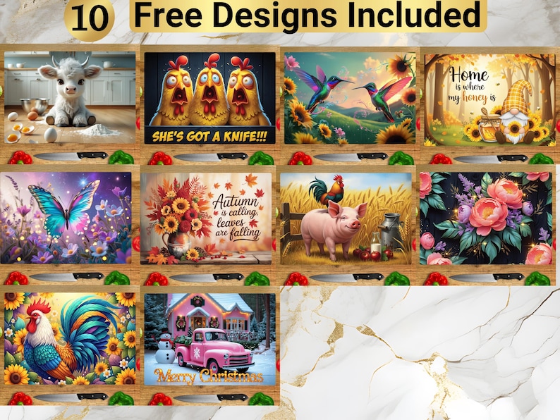 May include: A collection of ten decorative designs, including images of a cow, chickens with the text "SHE'S GOT A KNIFE!!!", hummingbirds, a gnome, a butterfly, sunflowers, a pig, flowers, a rooster, and a pink truck with the text "Merry Christmas".