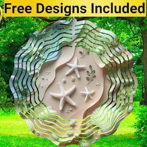 May include: A layered paper art piece with a beach theme, featuring white starfish, seashells, and greenery on a sand-colored background. The design is framed by green wavy lines and includes the text "10 Free Designs Included" in a yellow banner.