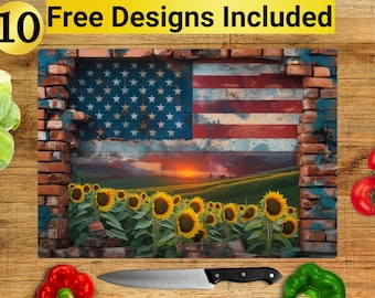 Projekt deski do krojenia z flagą USA i słonecznikiem, Deska do krojenia z flagą USA w formacie PNG, Projekt deski do krojenia z nadrukiem sublimacyjnym, Projekt deski do krojenia z motywem patriotycznym,