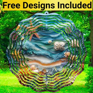 May include: A colorful paper wind spinner with a layered design featuring a starfish, seashells, and ocean waves. The wind spinner is green, blue, and orange.
