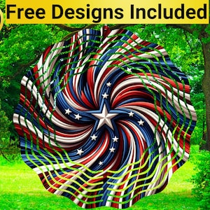 May include: A red, white, and blue swirling design with a large white star in the center. The design is surrounded by a green, wavy pattern. The text "10 Free Designs Included" is at the top of the image.